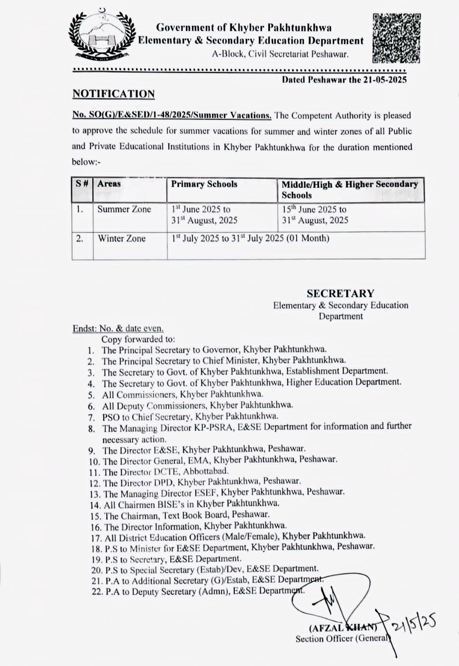 KP announces summer vacations for schools across summer and winter zones