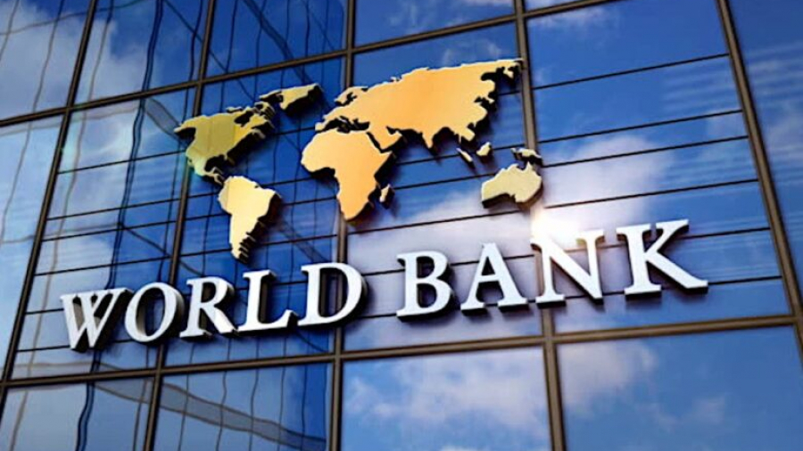 World Bank on glass building. Mirrored sky and city modern facade. Global capital, business, finance, economy, banking and money concept 3D rendering animation.