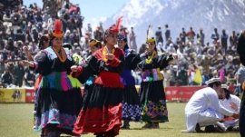 APP53-010722
CHITRAL: July 01 Artists performing traditional Kalasha Dance on the opening day of Shandur Polo Festival at the world highest Polo ground of Shandur. APP Shehryar Anjum