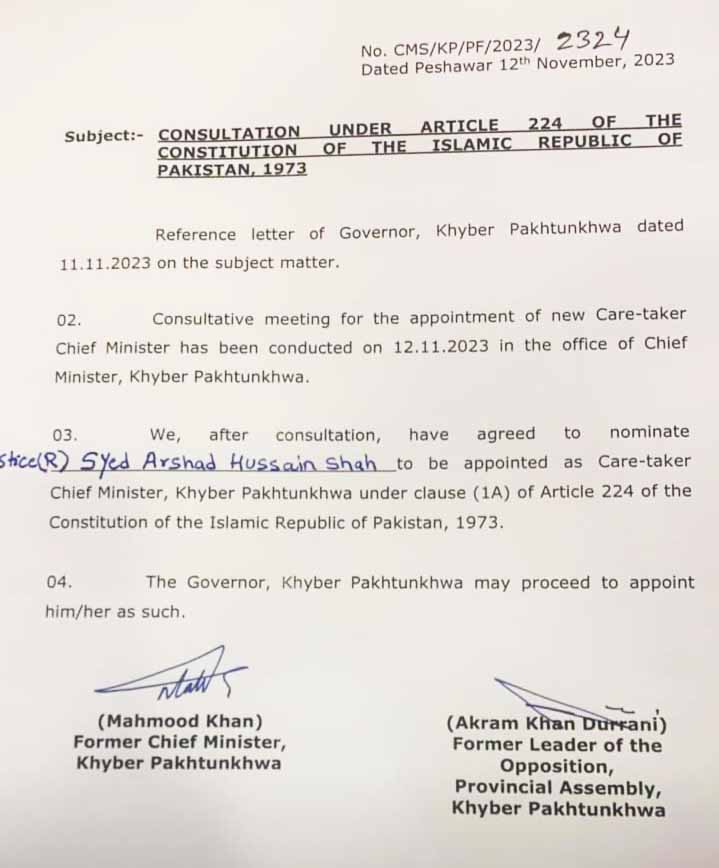 Caretaker Chief Minister Khyber Pakhtunkhwa Justice (retd) Syed Arshad Hussain Shah