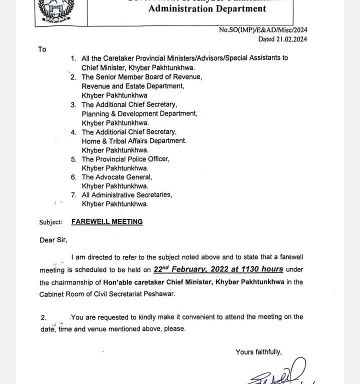 Peshawar: The farewell meeting of the caretaker cabinet of Khyber Pakhtunkhwa will be held today