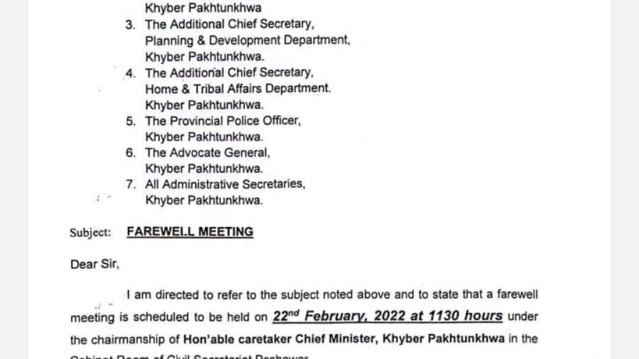 Peshawar: The farewell meeting of the caretaker cabinet of Khyber Pakhtunkhwa will be held today