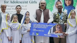 The ceremony of issuing monthly scholarships to the girls of the merged districts at the Chief Minister's House