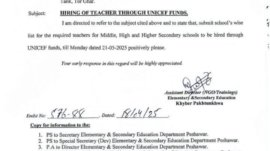 Recruitment of teachers in Khyber Pakhtunkhwa under UNICEF funds
