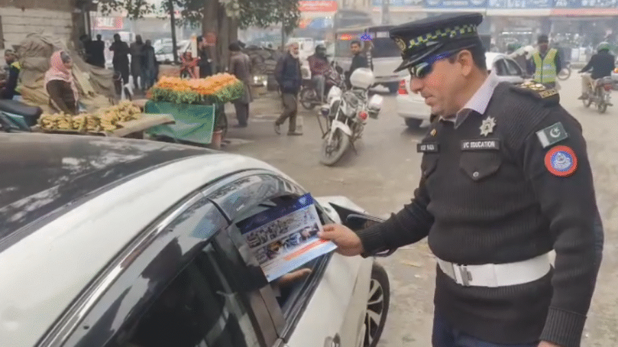 Peshawar City Traffic Police continue their awareness campaign on traffic laws.